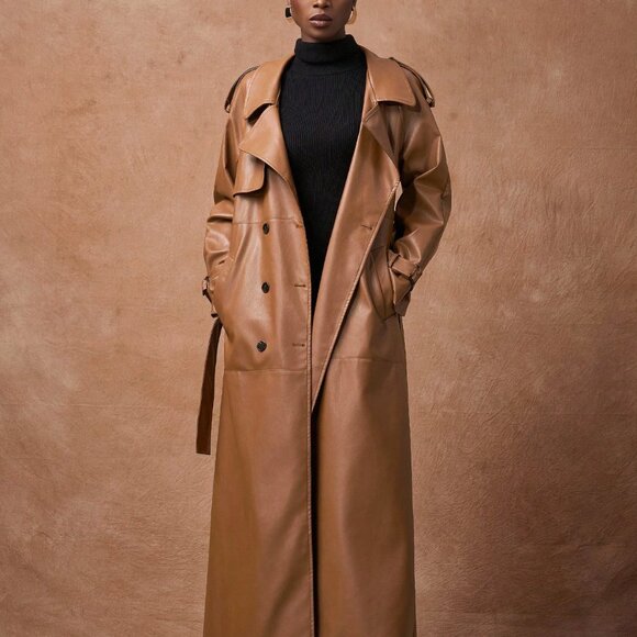 Brown Elegant Women's Long Trench Coat With Pockets - Picture 3 of 8